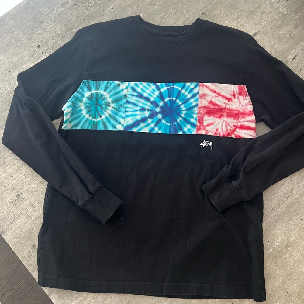 Stussy Black and Blue Long Sleeve Tee with Tie-Dye Stripe